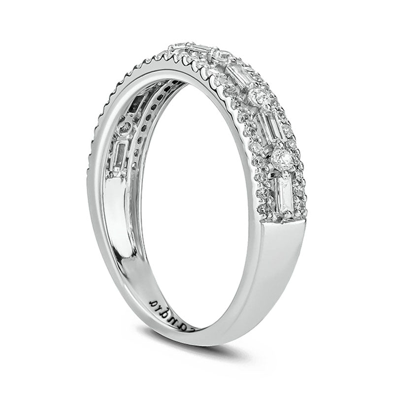 0.50 CT. T.W. Baguette and Round Natural Diamond Border Alternating Engravable Anniversary Band in Solid 10K White Gold (1 Line)