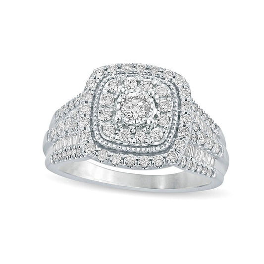 1.0 CT. T.W. Natural Diamond Cushion Frame Antique Vintage-Style Engagement Ring in Solid 10K White Gold