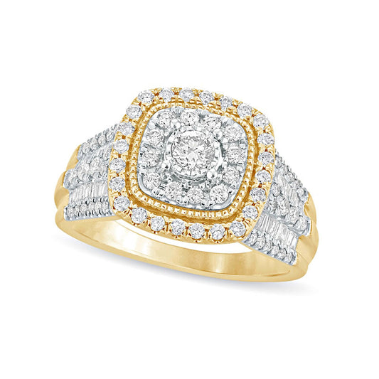 1.0 CT. T.W. Natural Diamond Cushion Frame Antique Vintage-Style Engagement Ring in Solid 10K Yellow Gold