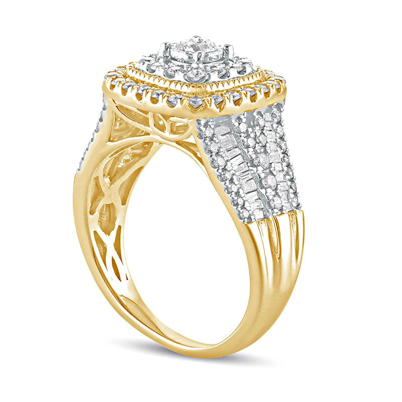 1.0 CT. T.W. Natural Diamond Cushion Frame Antique Vintage-Style Engagement Ring in Solid 10K Yellow Gold