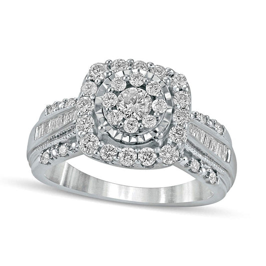 1.0 CT. T.W. Composite Natural Diamond Cushion Frame Antique Vintage-Style Engagement Ring in Solid 10K White Gold