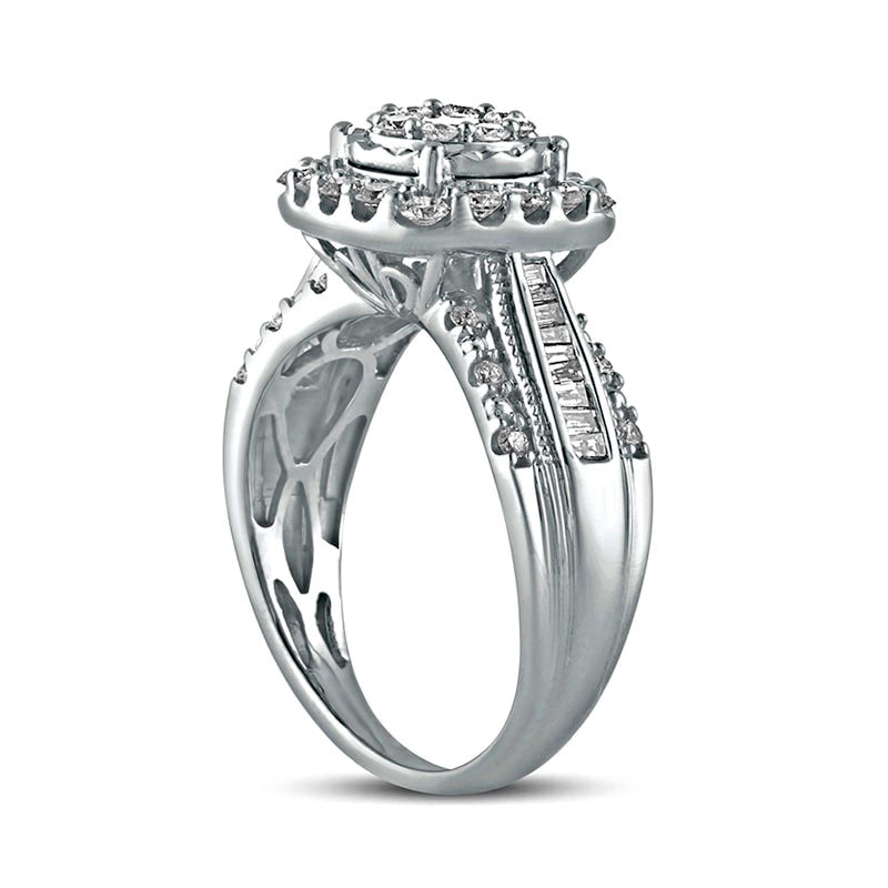 1.0 CT. T.W. Composite Natural Diamond Cushion Frame Antique Vintage-Style Engagement Ring in Solid 10K White Gold