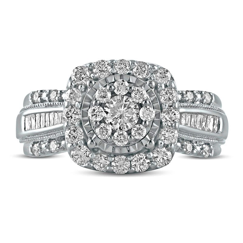 1.0 CT. T.W. Composite Natural Diamond Cushion Frame Antique Vintage-Style Engagement Ring in Solid 10K White Gold