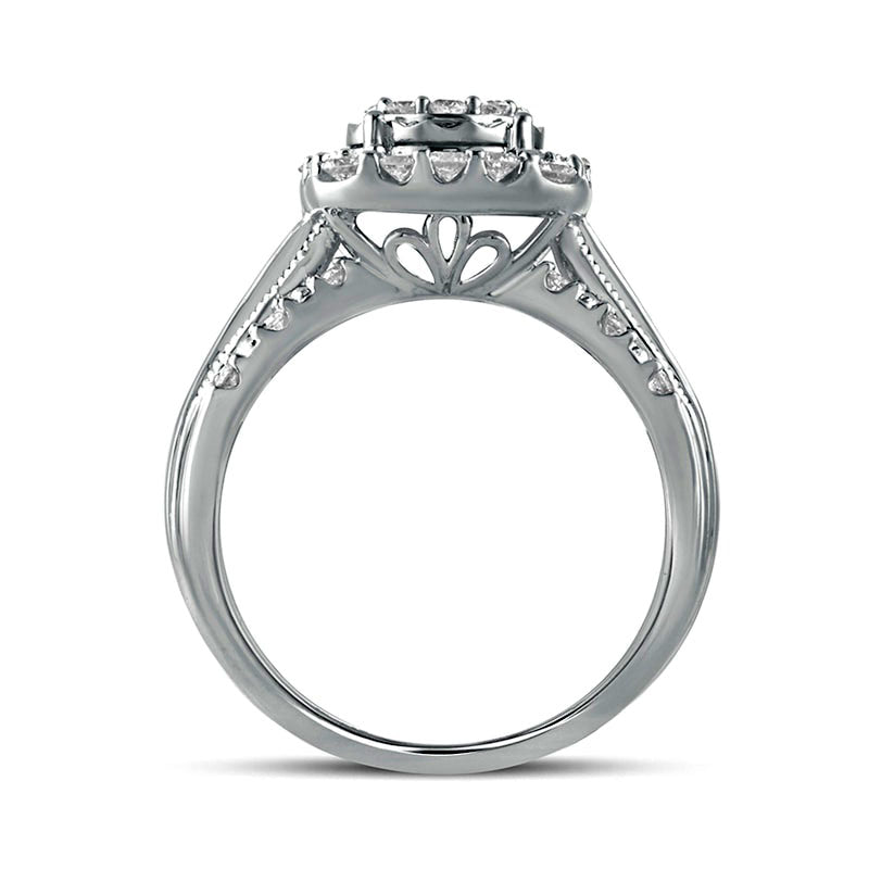 1.0 CT. T.W. Composite Natural Diamond Cushion Frame Antique Vintage-Style Engagement Ring in Solid 10K White Gold