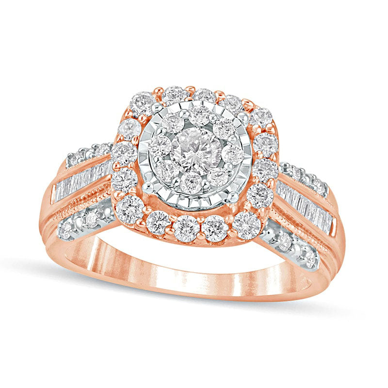 1.0 CT. T.W. Composite Natural Diamond Cushion Frame Antique Vintage-Style Engagement Ring in Solid 10K Rose Gold