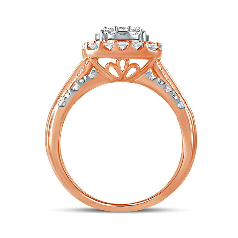 1.0 CT. T.W. Composite Natural Diamond Cushion Frame Antique Vintage-Style Engagement Ring in Solid 10K Rose Gold