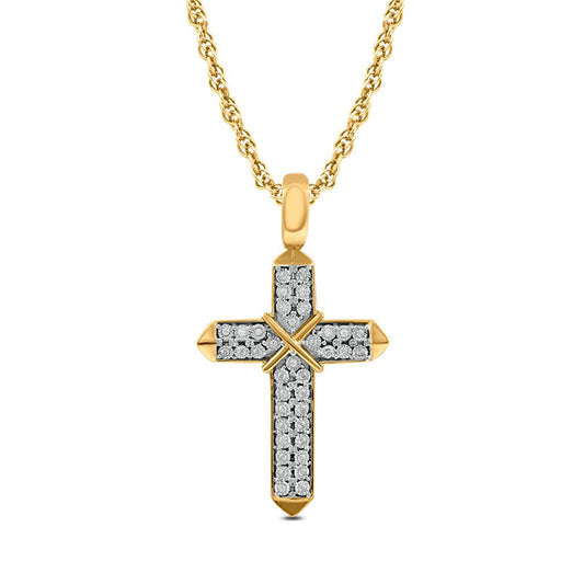 Men's 0.13 CT. T.W. Natural Diamond Double Row "X" Cross Pendant in 10K Yellow Gold