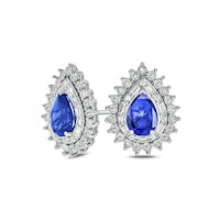 Pear-Shaped Lab-Created Blue Sapphire and 0.17 CT. T.W. Diamond Starburst Double Frame Stud Earrings in Sterling Silver