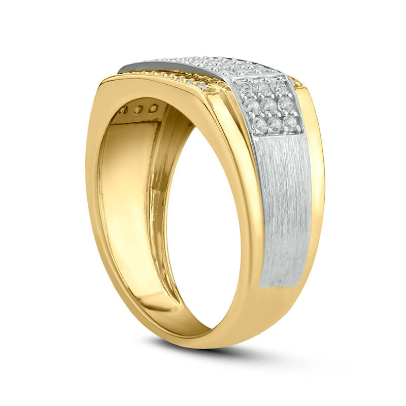 Men's 1.0 CT. T.W. Natural Diamond Border Triple Row Stepped Edge Signet Ring in Solid 10K Two-Tone Gold