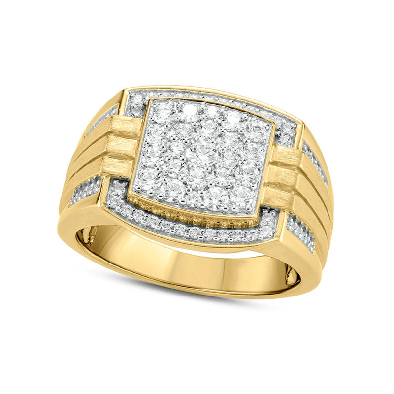 Men's 1.0 CT. T.W. Composite Natural Diamond Cushion Frame Triple Row Grooved Shank Signet Ring in Solid 10K Yellow Gold