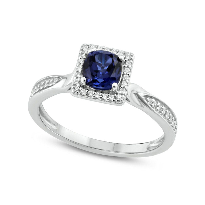 5.0mm Cushion-Cut Blue Lab-Created Sapphire and 0.13 CT. T.W. Diamond Frame Engagement Ring in Sterling Silver