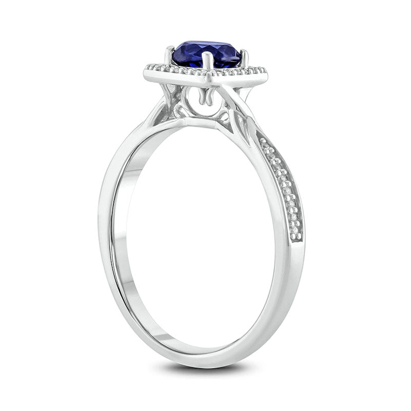 5.0mm Cushion-Cut Blue Lab-Created Sapphire and 0.13 CT. T.W. Diamond Frame Engagement Ring in Sterling Silver