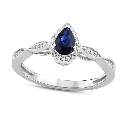 Pear-Shaped Blue Lab-Created Sapphire and 0.10 CT. T.W. Diamond Frame Twist Shank Engagement Ring in Sterling Silver