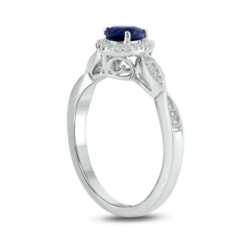 Pear-Shaped Blue Lab-Created Sapphire and 0.10 CT. T.W. Diamond Frame Twist Shank Engagement Ring in Sterling Silver