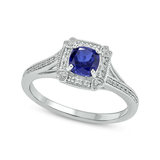 Cushion-Shaped Blue Lab-Created Sapphire and 0.10 CT. T.W. Diamond Frame Split Shank Engagement Ring in Sterling Silver