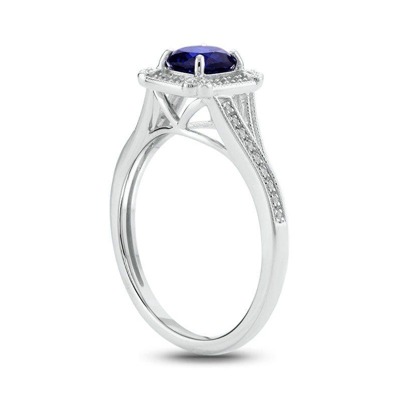 Cushion-Shaped Blue Lab-Created Sapphire and 0.10 CT. T.W. Diamond Frame Split Shank Engagement Ring in Sterling Silver