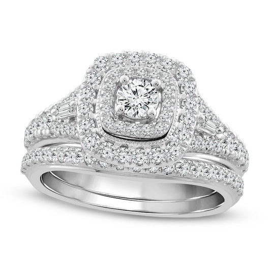 1.0 CT. T.W. Natural Diamond Double Cushion Frame Bridal Engagement Ring Set in Solid 10K White Gold