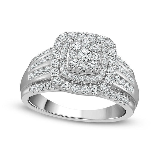 1.0 CT. T.W. Composite Natural Diamond Double Cushion Frame Multi-Row Engagement Ring in Solid 10K White Gold