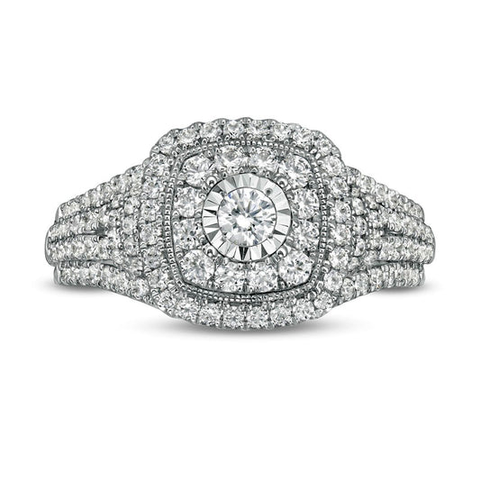 1.0 CT. T.W. Natural Diamond Double Cushion Frame Multi-Row Engagement Ring in Solid 10K White Gold