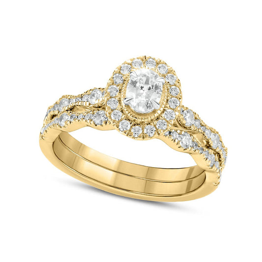 1.0 CT. T.W. Oval Natural Diamond Frame Antique Vintage-Style Bridal Engagement Ring Set in Solid 14K Gold