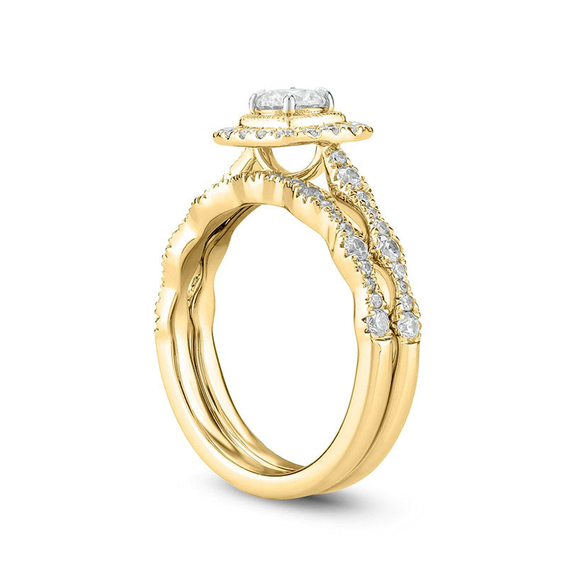 1.0 CT. T.W. Natural Diamond Cushion Frame Art Deco Antique Vintage-Style Bridal Engagement Ring Set in Solid 10K Yellow Gold