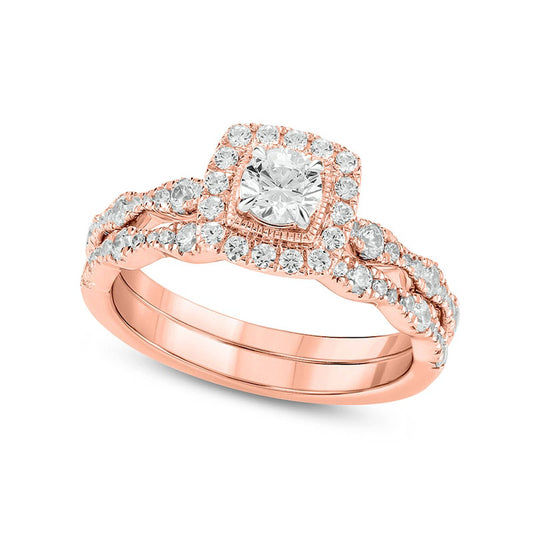 1.0 CT. T.W. Natural Diamond Cushion Frame Art Deco Antique Vintage-Style Bridal Engagement Ring Set in Solid 10K Rose Gold