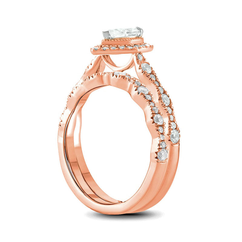 1.0 CT. T.W. Pear-Shaped Natural Diamond Frame Art Deco Antique Vintage-Style Bridal Engagement Ring Set in Solid 14K Rose Gold