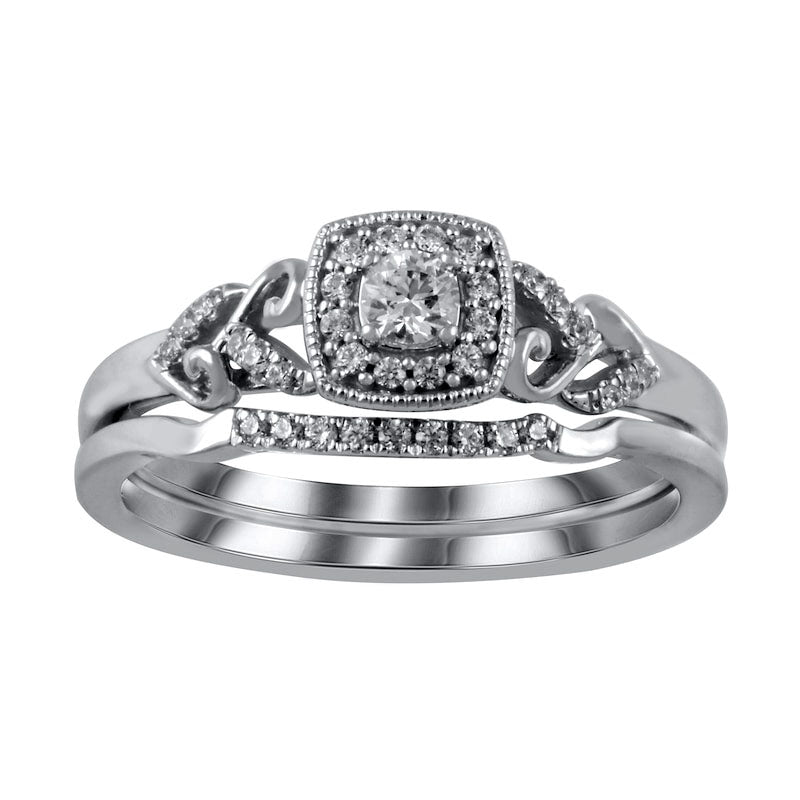 0.25 CT. T.W. Natural Diamond Cushion Frame Heart-Sides Antique Vintage-Style Bridal Engagement Ring Set in Sterling Silver