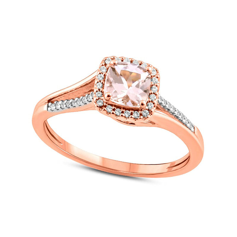 5.0mm Cushion-Cut Morganite and 0.13 CT. T.W. Natural Diamond Frame Split Shank Engagement Ring in Solid 10K Rose Gold