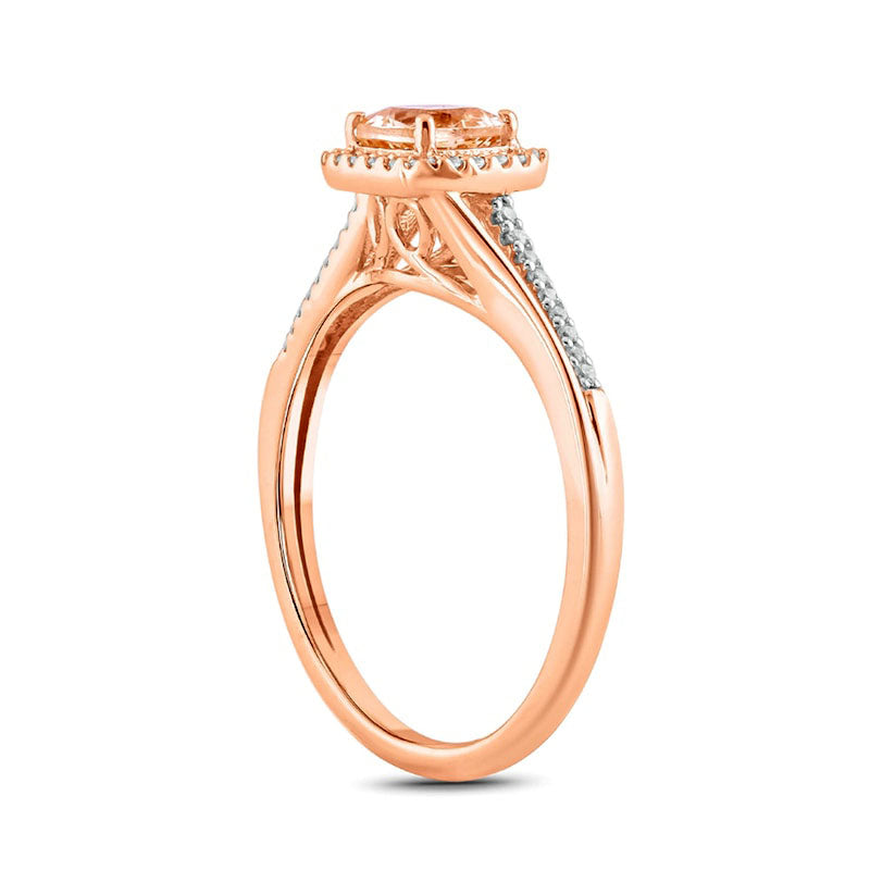 5.0mm Cushion-Cut Morganite and 0.13 CT. T.W. Natural Diamond Frame Split Shank Engagement Ring in Solid 10K Rose Gold