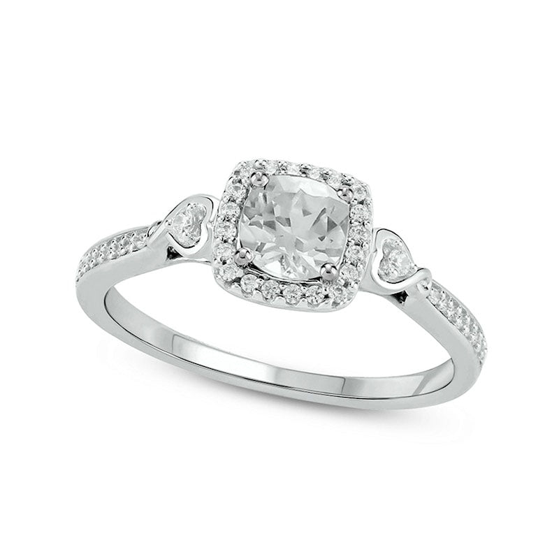 5.0mm Cushion-Cut White Lab-Created Sapphire and 0.17 CT. T.W. Diamond Frame Engagement Ring in Sterling Silver