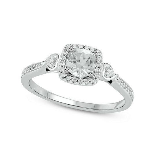 5.0mm Cushion-Cut White Lab-Created Sapphire and 0.17 CT. T.W. Diamond Frame Engagement Ring in Sterling Silver