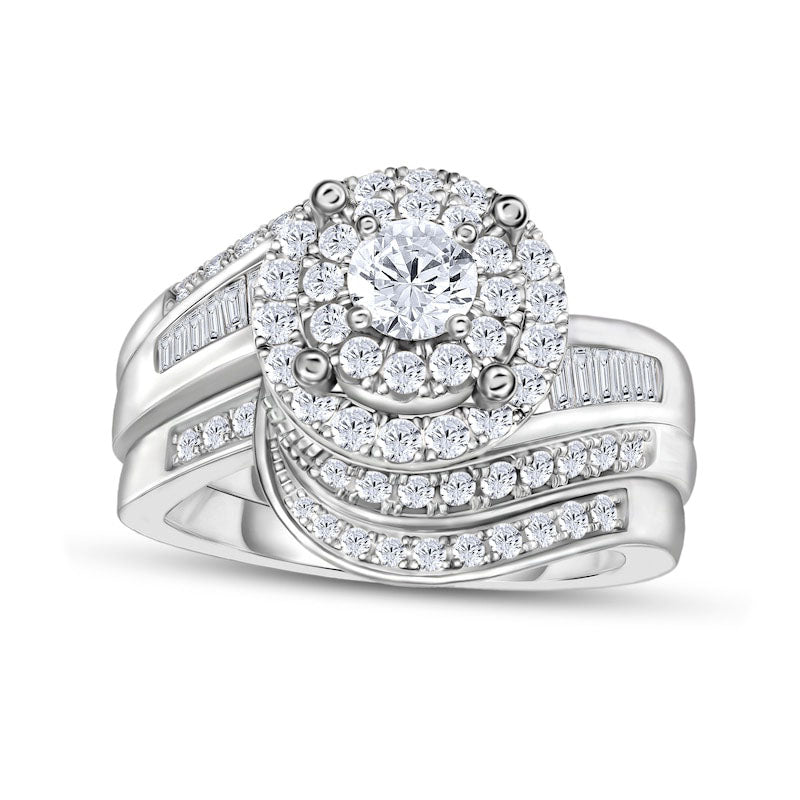 1.0 CT. T.W. Natural Diamond Bypass Double Frame Bridal Engagement Ring Set in Solid 14K White Gold