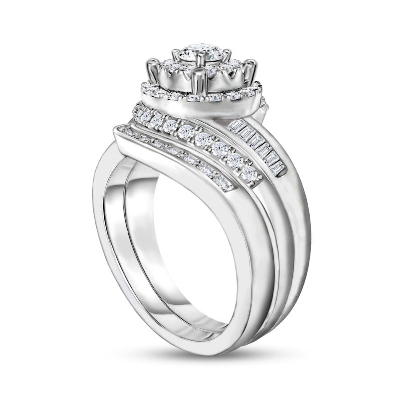 1.0 CT. T.W. Natural Diamond Bypass Double Frame Bridal Engagement Ring Set in Solid 14K White Gold