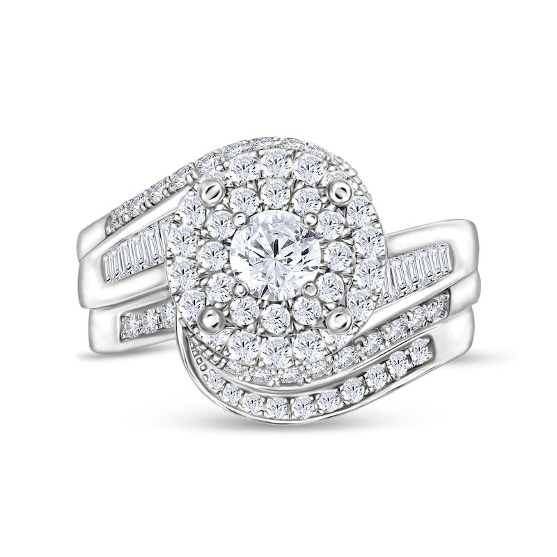 1.0 CT. T.W. Natural Diamond Bypass Double Frame Bridal Engagement Ring Set in Solid 14K White Gold