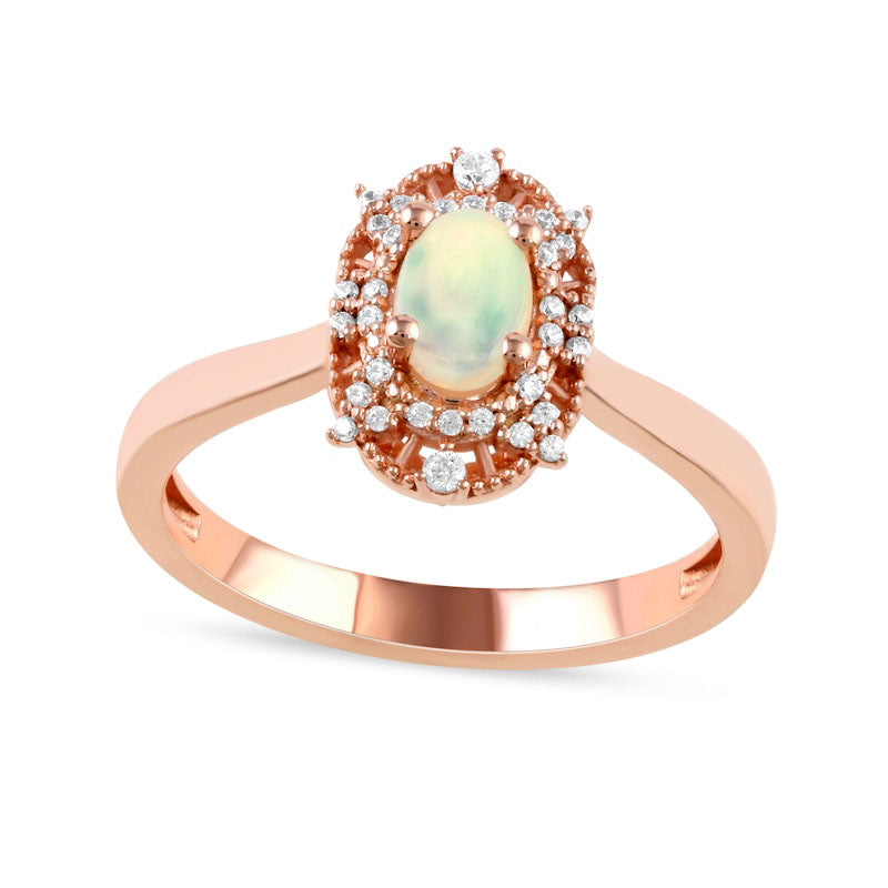 Oval Opal and 0.10 CT. T.W. Natural Diamond Bead Frame Sunburst Ring in Solid 10K Rose Gold