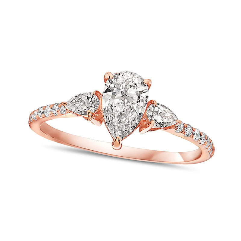 1.33 CT. T.W. Pear-Shaped Natural Diamond Three Stone Engagement Ring in Solid 14K Rose Gold