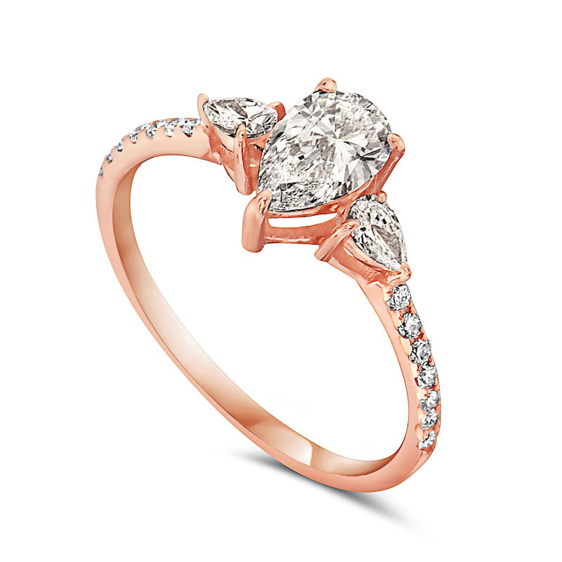 1.33 CT. T.W. Pear-Shaped Natural Diamond Three Stone Engagement Ring in Solid 14K Rose Gold