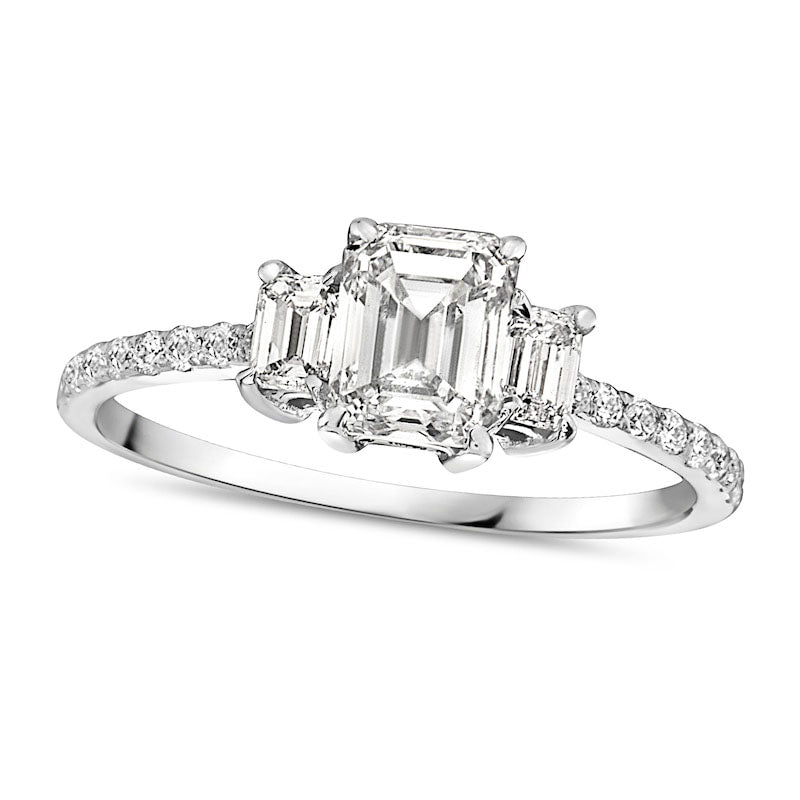 1.13 CT. T.W. Emerald-Cut Natural Diamond Three Stone Engagement Ring in Solid 14K White Gold