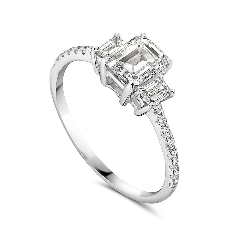 1.13 CT. T.W. Emerald-Cut Natural Diamond Three Stone Engagement Ring in Solid 14K White Gold