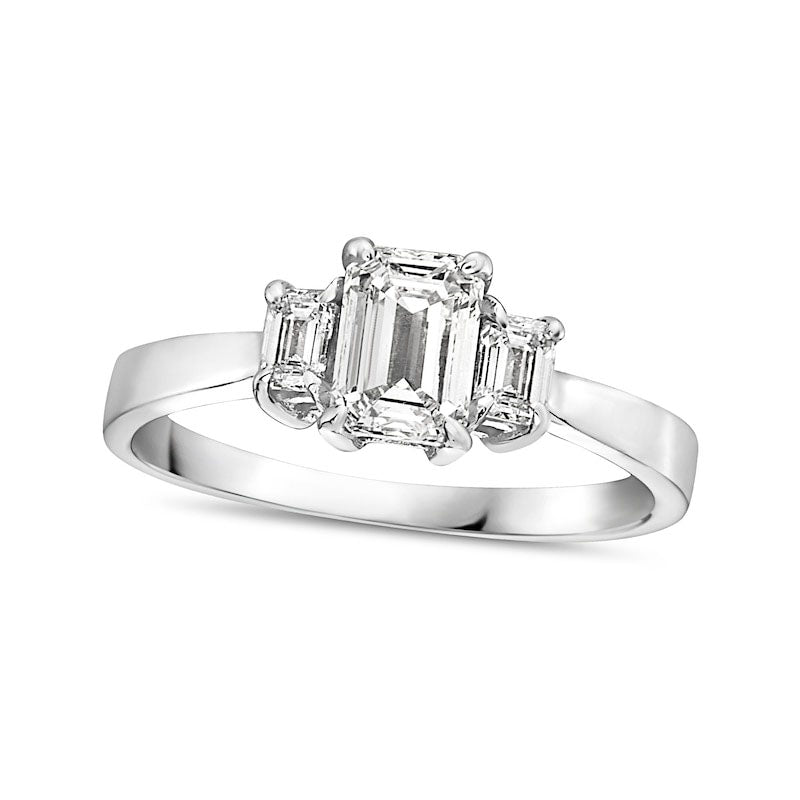 1.0 CT. T.W. Emerald-Cut Natural Diamond Three Stone Engagement Ring in Solid 14K White Gold