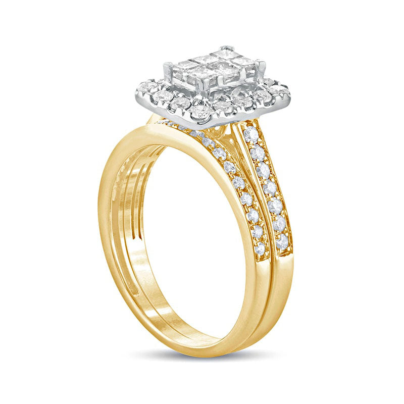 1.0 CT. T.W. Princess-Cut Composite Natural Diamond Rectangle Frame Bridal Engagement Ring Set in Solid 10K Yellow Gold