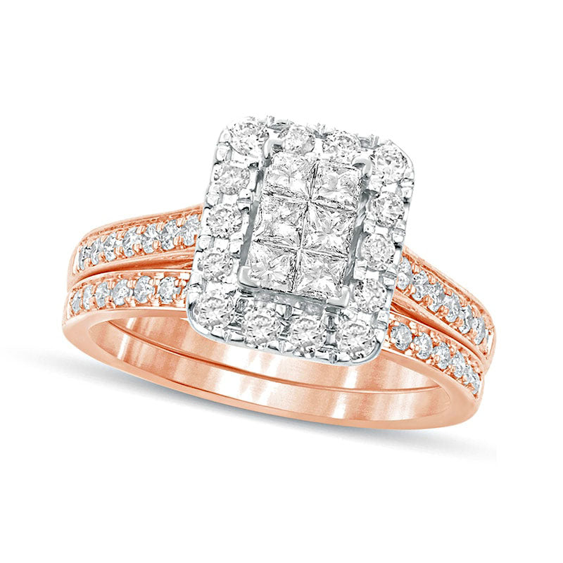 1.0 CT. T.W. Princess-Cut Composite Natural Diamond Rectangle Frame Bridal Engagement Ring Set in Solid 10K Rose Gold