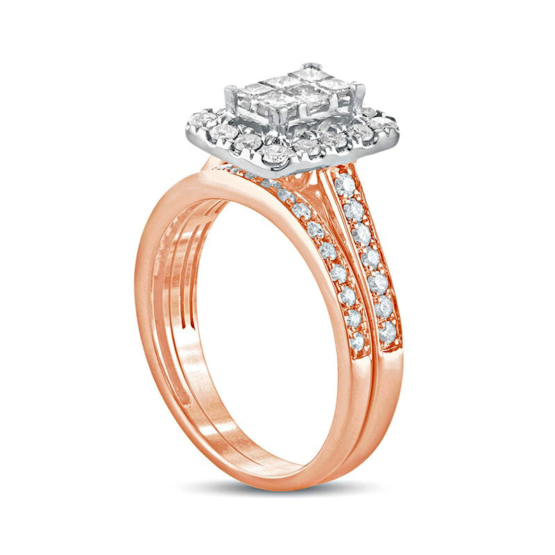 1.0 CT. T.W. Princess-Cut Composite Natural Diamond Rectangle Frame Bridal Engagement Ring Set in Solid 10K Rose Gold