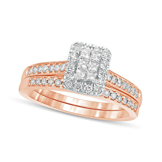 0.50 CT. T.W. Princess-Cut Composite Natural Diamond Rectangle Frame Bridal Engagement Ring Set in Solid 10K Rose Gold