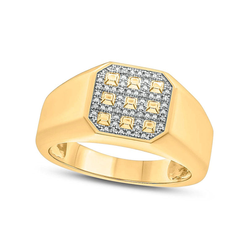 Men's Natural Diamond Accent Grid Pattern Octagonal Signet Ring in Sterling Silver with Solid 14K Gold Plate