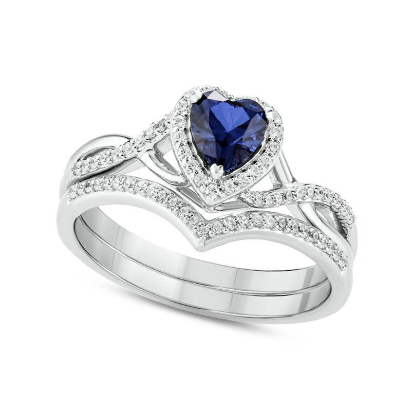 5.0mm Heart-Shaped Blue Lab-Created Sapphire and 0.13 CT. T.W. Diamond Frame Twist Shank Bridal Engagement Ring Set in Sterling Silver