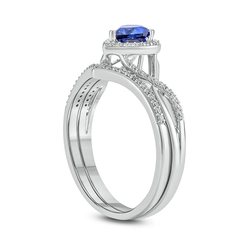 5.0mm Heart-Shaped Blue Lab-Created Sapphire and 0.13 CT. T.W. Diamond Frame Twist Shank Bridal Engagement Ring Set in Sterling Silver