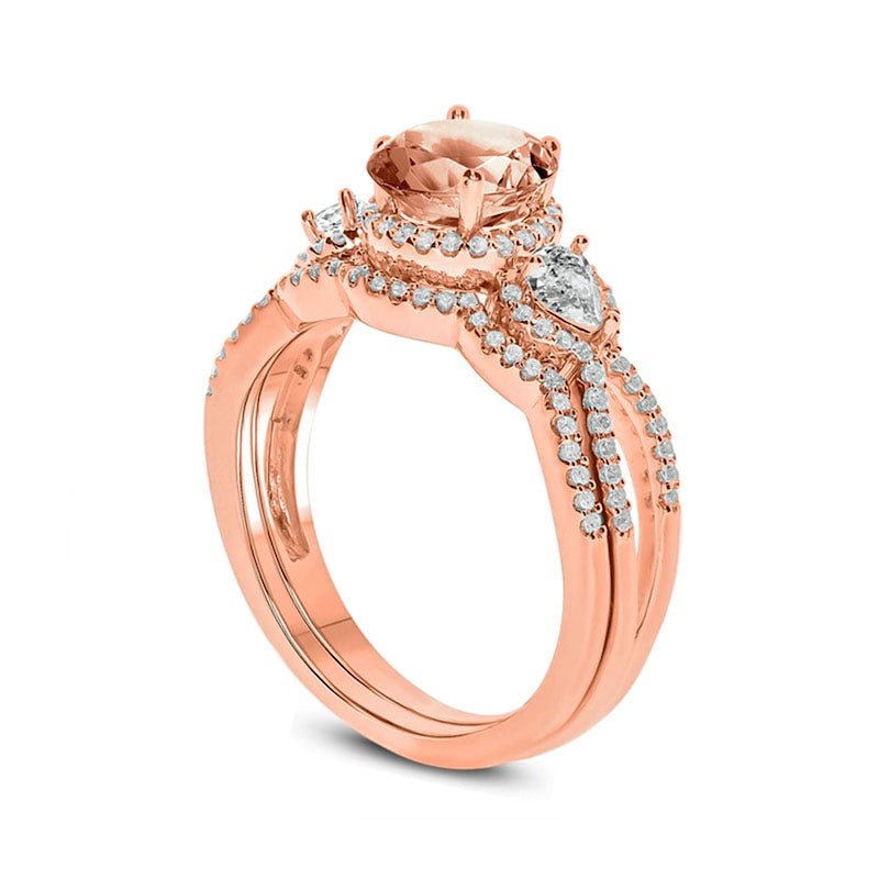 6.0mm Morganite, White Topaz and 0.33 CT. T.W. Natural Diamond Frame Three Stone Bridal Engagement Ring Set in Solid 10K Rose Gold