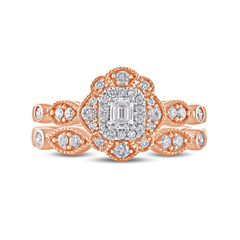 0.63 CT. T.W. Emerald-Cut Natural Diamond Double Petal Frame Antique Vintage-Style Bridal Engagement Ring Set in Solid 10K Rose Gold